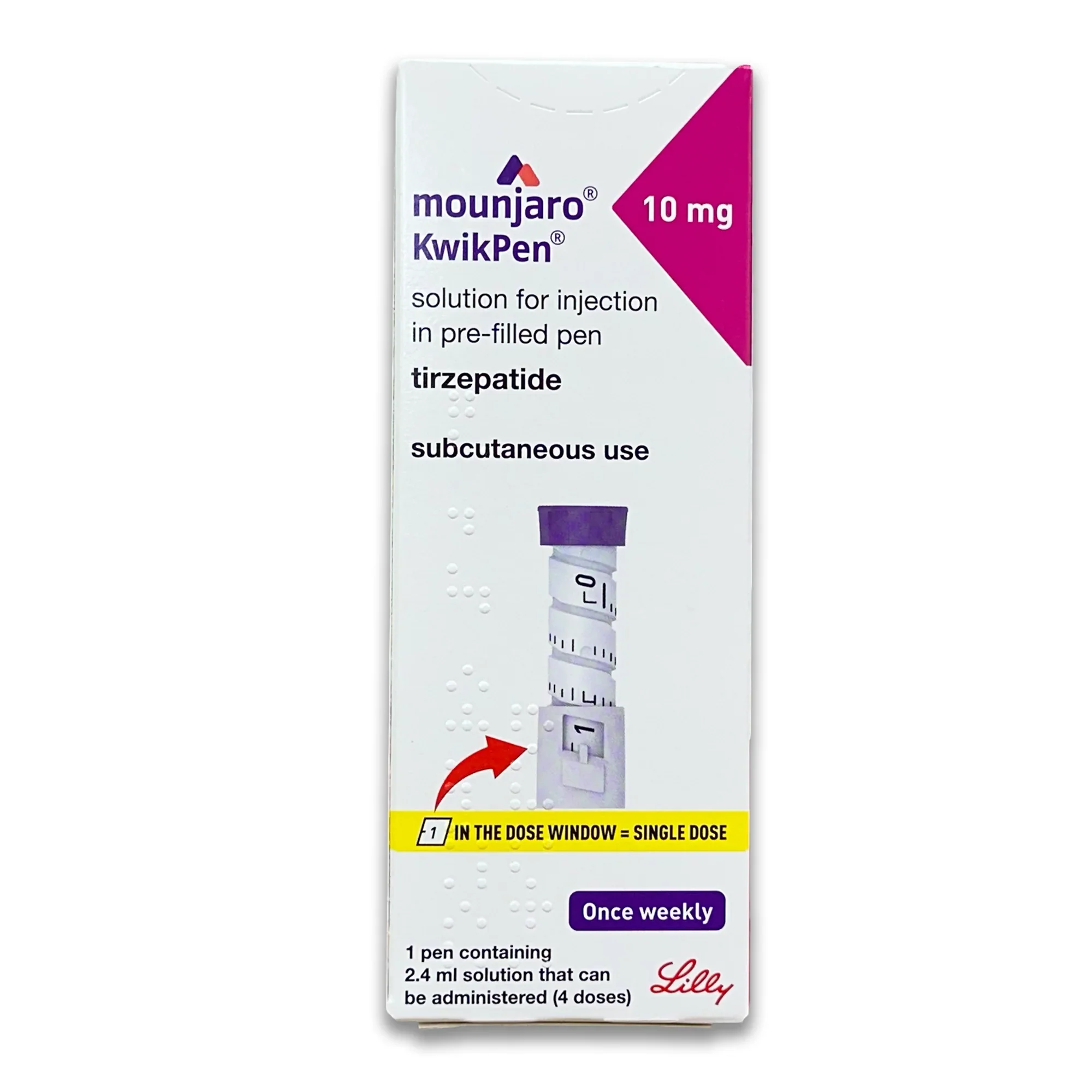 Mounjaro 10mg injection pen by Eli Lilly, single-use prefilled injector for weight management and type 2 diabetes treatment. Calpe Pharmacy Gibraltar.
