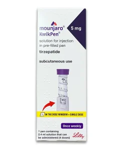 Mounjaro 5mg injection pen by Eli Lilly, single-use prefilled injector for weight management and type 2 diabetes treatment. Calpe Pharmacy Gibraltar.