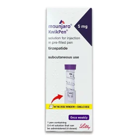 Mounjaro 5mg injection pen by Eli Lilly, single-use prefilled injector for weight management and type 2 diabetes treatment. Calpe Pharmacy Gibraltar.