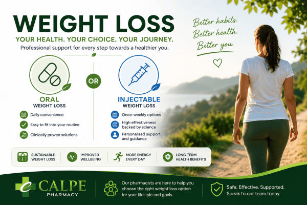 Oral GLP-1 weight loss tablets vs injectable weight loss treatments comparison, showing tablet and injection options for medical weight management.